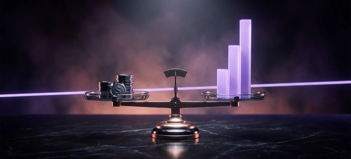 3D calculator with floating violet numbers and charts