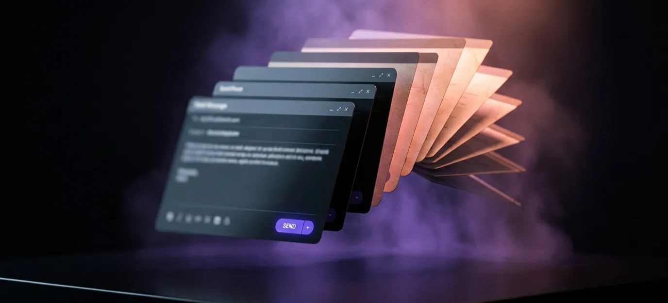 Fanned stack of email composer windows